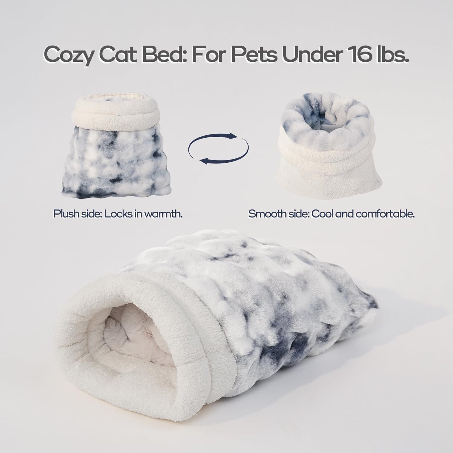 Cat Sleeping Bed for Indoor Cats Self Warming Cat Bag Fits up to 15 lbs Pets Soft Plush Warm Bed 360° Wrap Bag Washable Comfortable Pet Sleeping Bed 21" × 17" Blue White