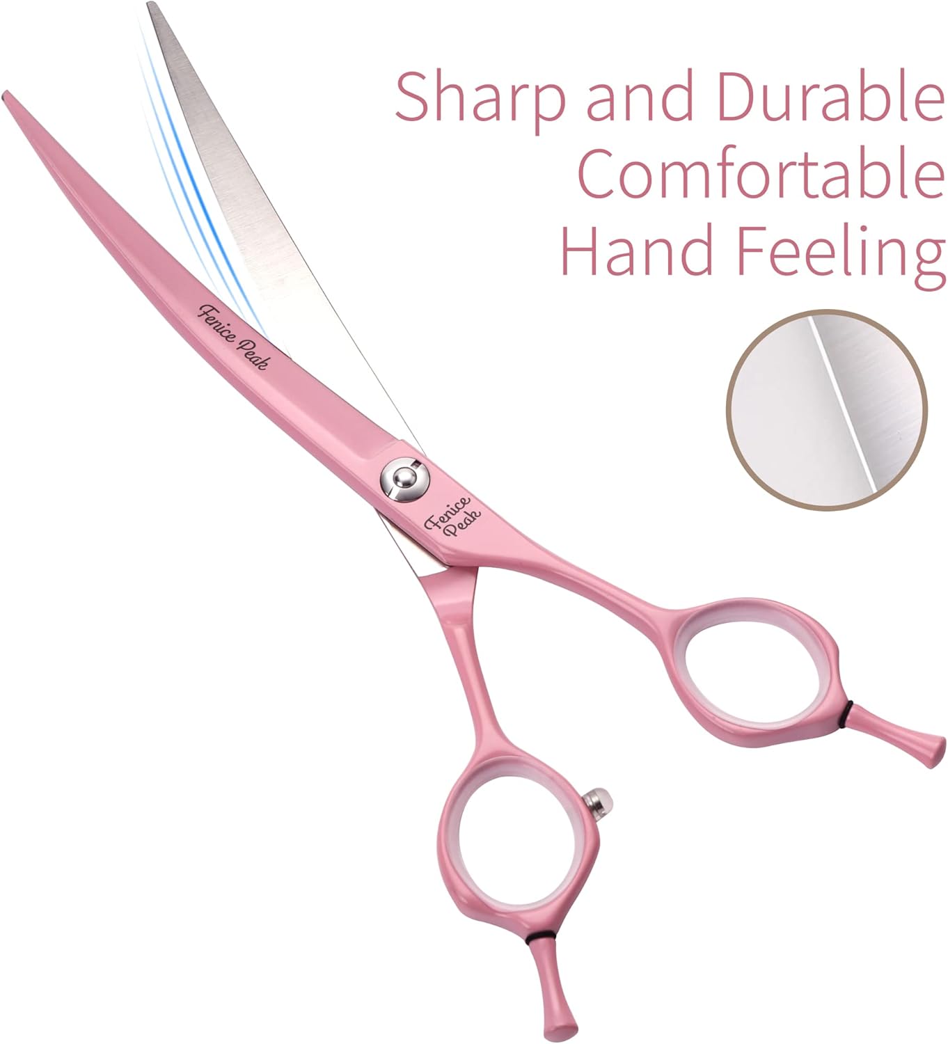 Fenice Peak Curved Dog Grooming Scissors with Pink Color Coating 440C Stainless Steel Pet Grooming Bending Shears Sharp and Durable Comfortable Engonomic Handle