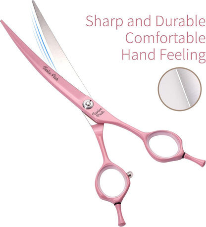 Fenice Peak Curved Dog Grooming Scissors with Pink Color Coating 440C Stainless Steel Pet Grooming Bending Shears Sharp and Durable Comfortable Engonomic Handle