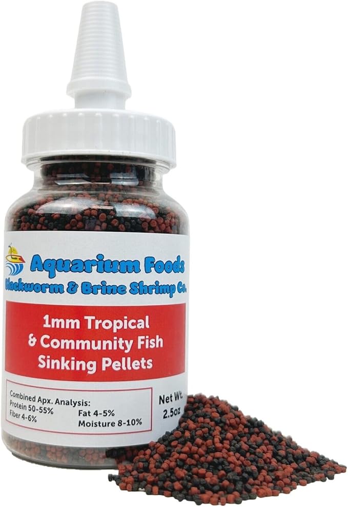Aquatic Foods Inc. Our Original Blackworm and Color Enhancing Tropical Community Fish 1mm High Protein Sinking Pellet Mix of Blackworm and Color Enhancing Pellets…2.5oz Squeeze Bottle