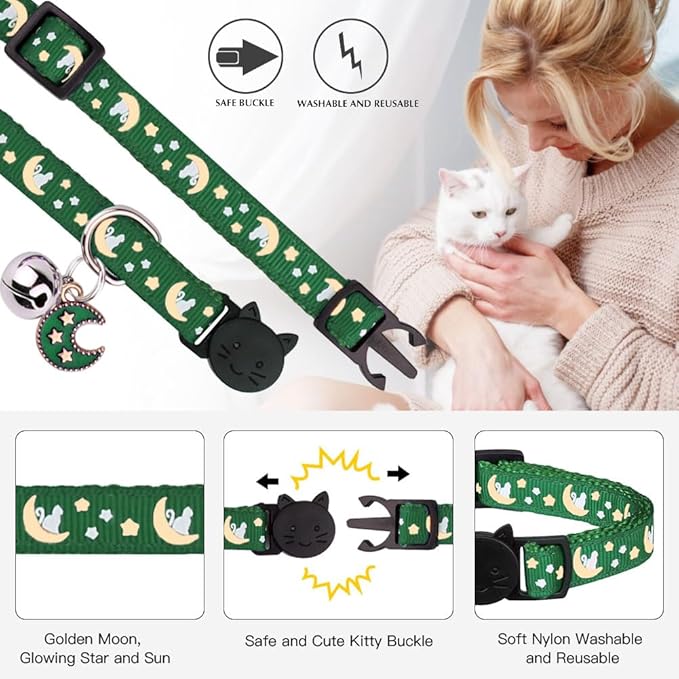 2Pcs Breakaway Cats Collars Cat Collars for Boy & Girl Cats Adjustable Kitten Collars with Bell,Black+Emerald