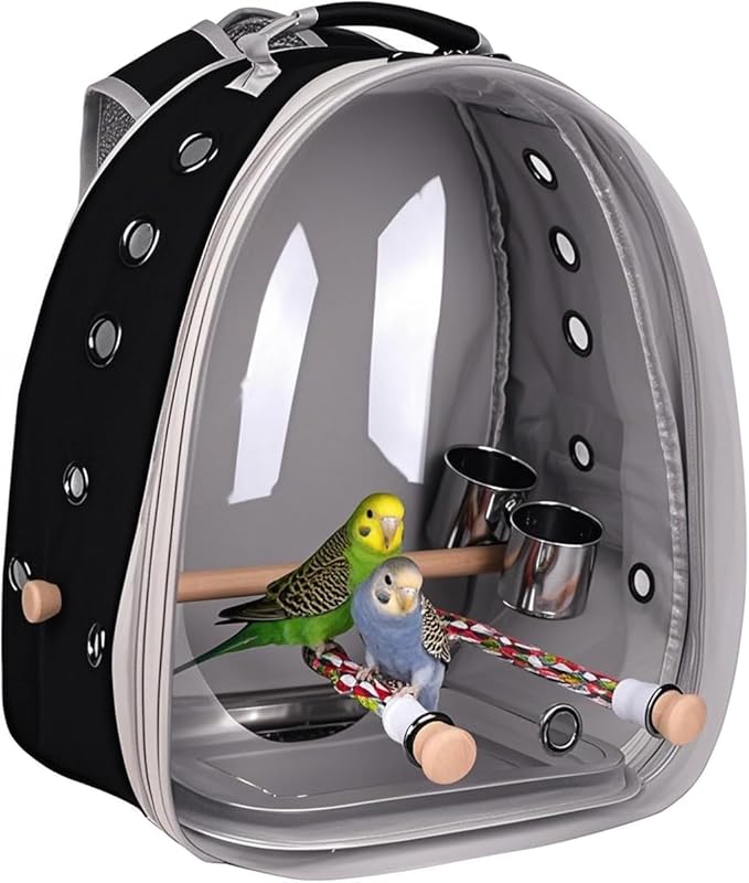 Bird Traval Carrier Cage, Multi Vent Holes Clear Space Capsule Astronaut Backpack to Carry Parakeet Cockatiel Parrot with Metal Tray Wood Perch, Vet Transport Book Bag