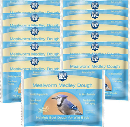 Blue Seal Mealworm Medley Suet Dough Cake | No Mess Wild Bird Suet | Attracts a Variety of Wild Birds | Melt Resistant | Year-Round Feeding | Food for Wild Birds | Made in The USA | 12 oz (12 Pack)
