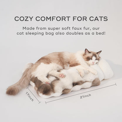 Cat Sleeping Bags for Indoor Cats Self Warming Cat Bed Fits up to 15 lbs Pets Soft Plush Warm Bed 360° Wrap Bag Washable Comfortable Pet Sleeping Bed 21" × 17" Coffee White