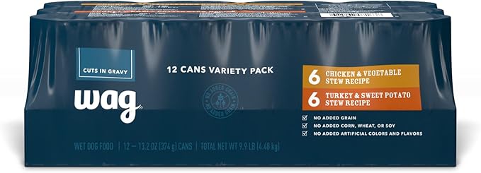 Amazon Brand - Wag Wet Dog Food Stew Variety Pack, Chicken & Turkey Cuts in Gravy, Made with Natural Ingredients, 13.2 Ounce Cans (Pack of 12)