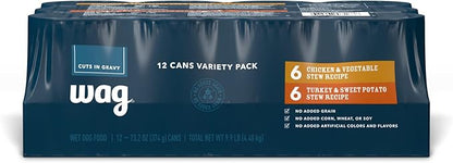 Amazon Brand - Wag Wet Dog Food Stew Variety Pack, Chicken & Turkey Cuts in Gravy, Made with Natural Ingredients, 13.2 Ounce Cans (Pack of 12)