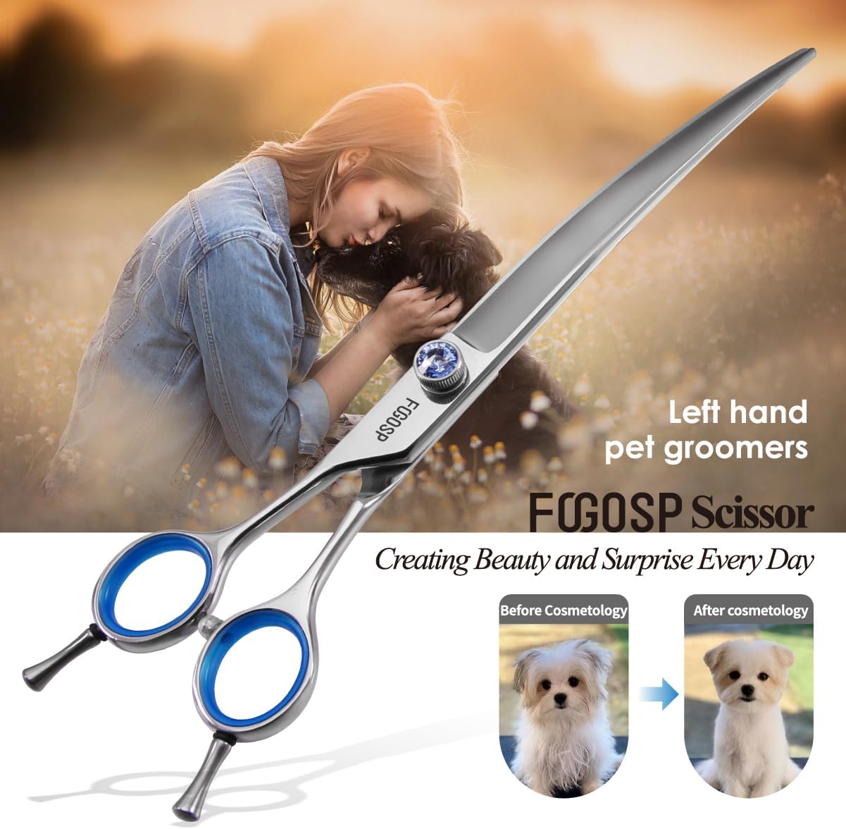 Left Handed Curved Scissors for Dog Grooming 7" Downward Professional Curved Shears Dog Grooming for Poodle Pet Cat Face Japan 440C Stainless Steel Super Sharp(7.0 curved)