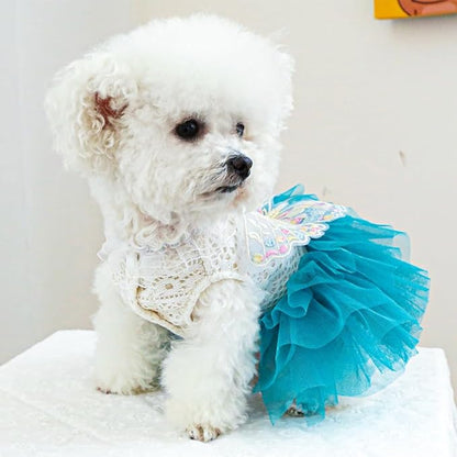 ANIAC Butterfly Dog Dress with Blue Tutu Funny Pet Clothes with Wing Girl Puppy Dress for Small Dog Pet Butterfly Costume Holiday Cat Outfit for Halloween Birthday Wedding (Lake Blue, X-Small)