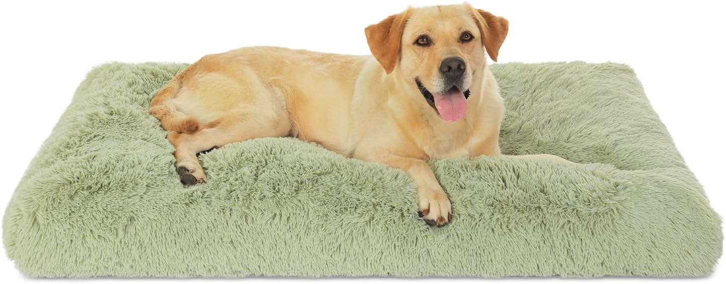 Bedfolks Waterproof Crate Bed, Plush Dog Kennel Pad with Removable Cover, Faux Fur, Washable, 41"x27", Sage Green