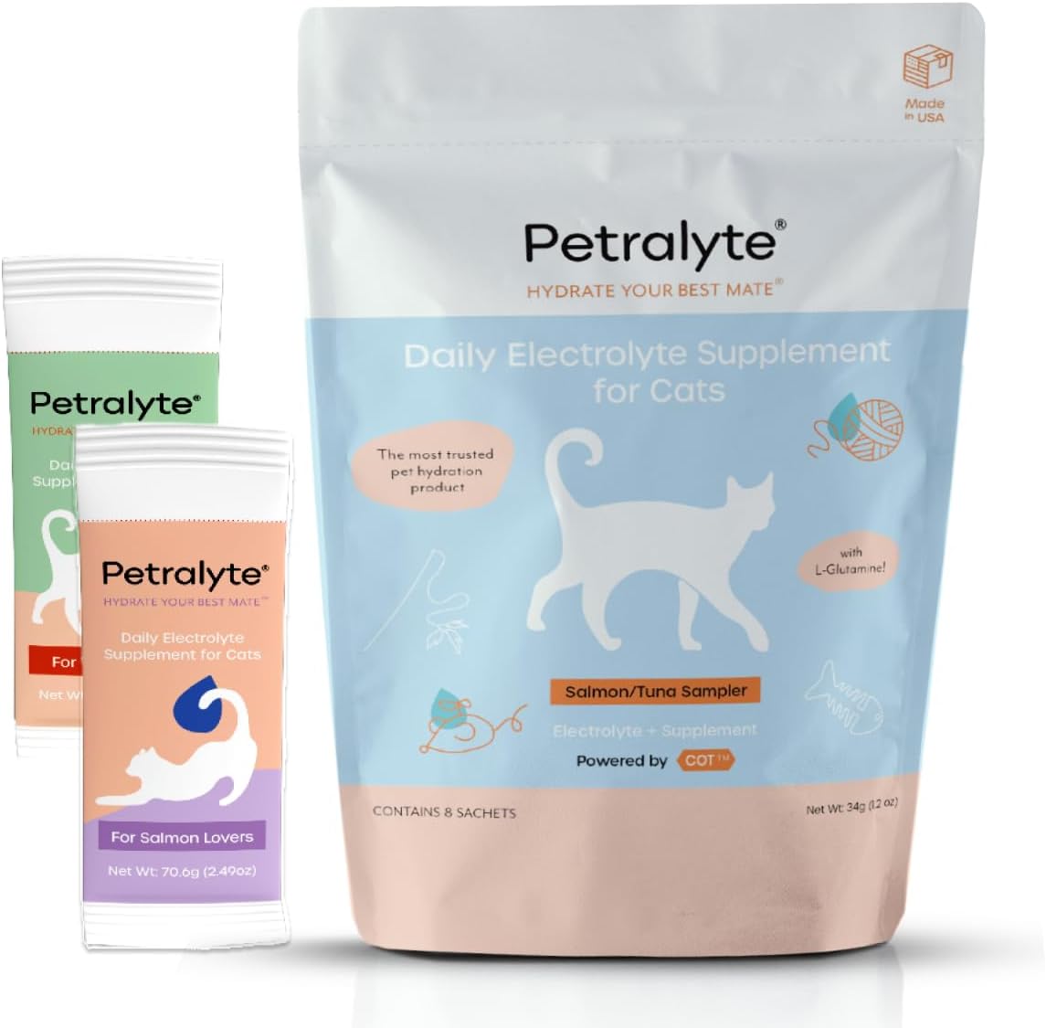 Petralyte Cat Hydration Electrolyte and Cat Joint Supplement | Hydration Support for Cats w/Glucosamine, Chondroitin, L-Glutamine, Taurine, Lysine & Prebiotics | Sample Pack | 8 Packets