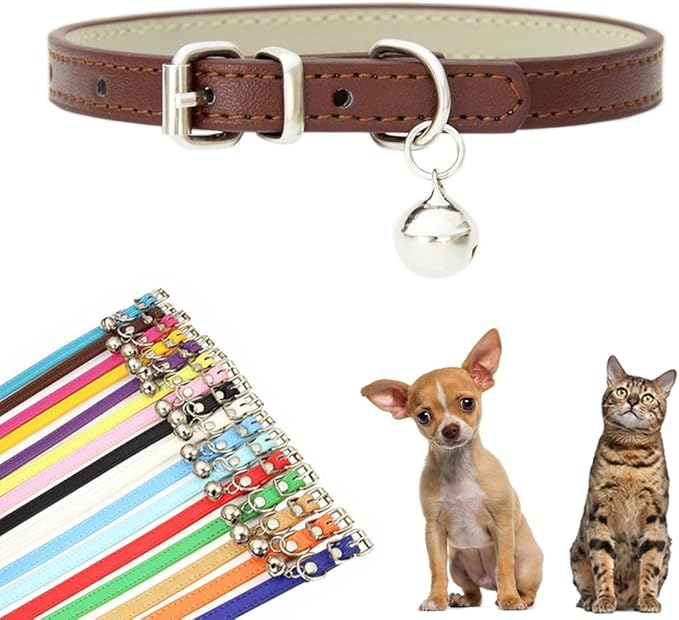 Brown Small Dog Collar with Bells, Faux Leather Puppy Collar with Bells Pu Basic Boy Dog Collars for XXS XSmall Small Medium Pet Male Dogs Little Cats Tiny Animal, S