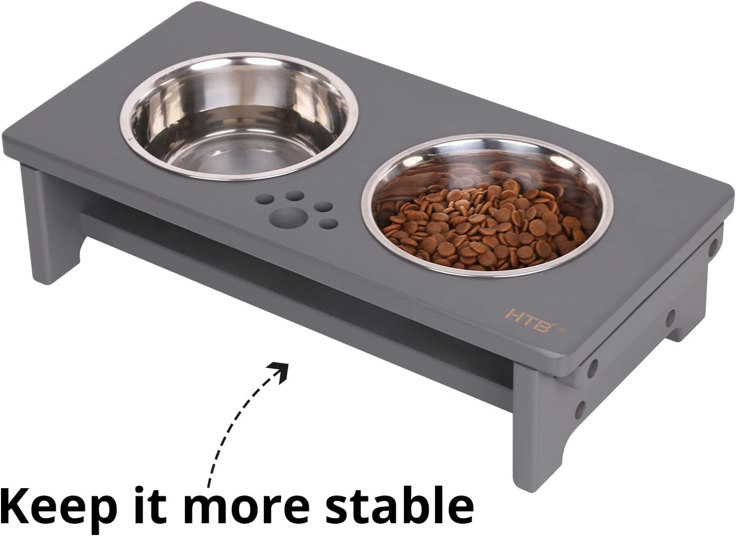 HTB Elevated Dog Bowls, Raised Dog Bowl Stand with 2 Stainless Steel Bowls, Elevated Raised Pets Bowls for Large Medium Small Sized Dogs- Grey Small