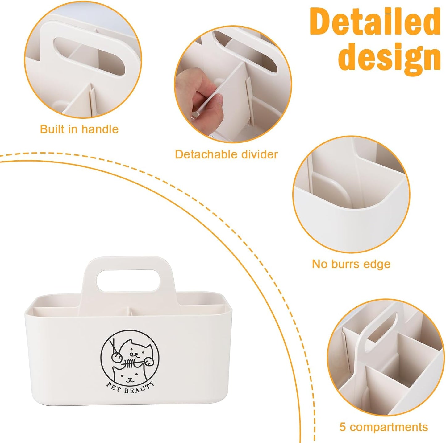 Minimalist White Dog Cat Grooming Supplies Organizer, Portable Caddy with 5 Compartments