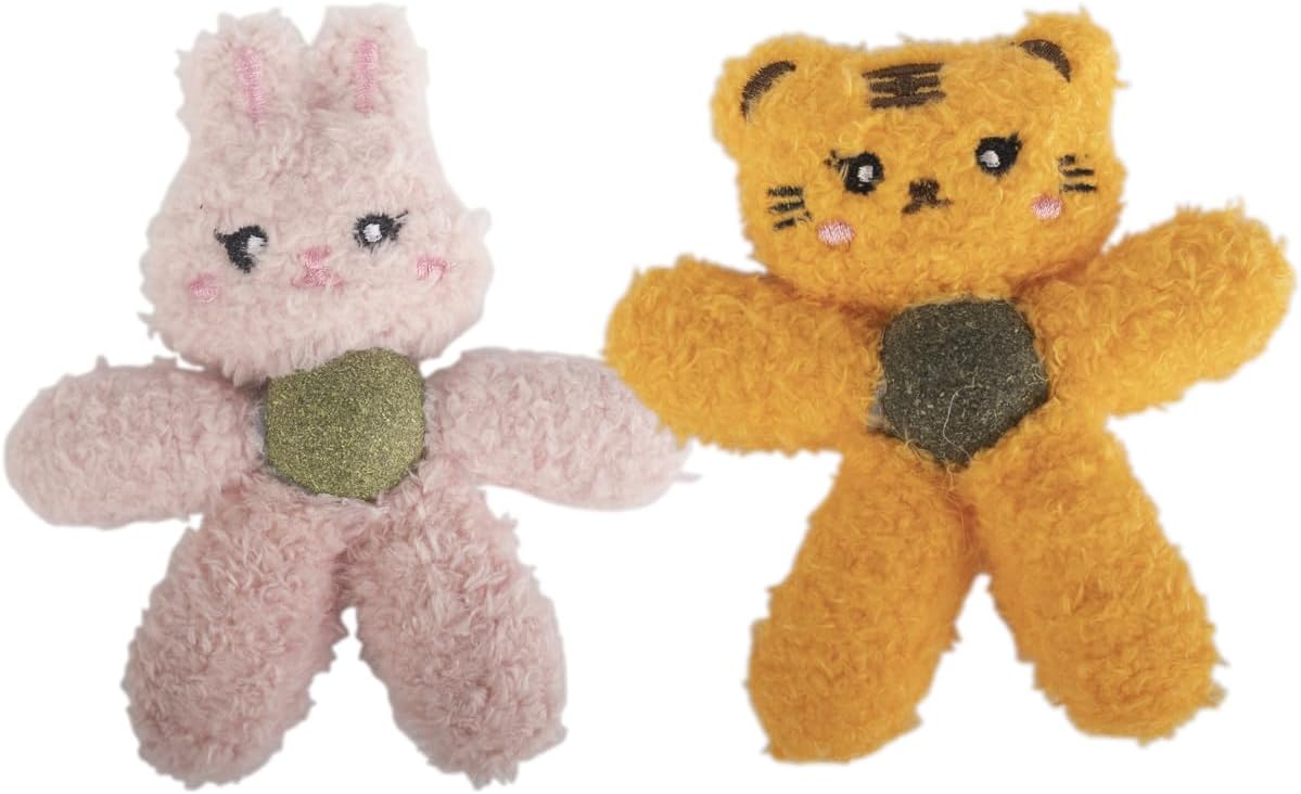 Cat Toys with Catnip Kitten Chew Bite Supplies Boredom Relief Fluffy Kitty Teeth Cleaning Chewing Cat Lovers Interactive Plush Gift (Rabbit&Tiger)