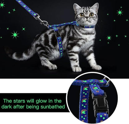 Cat Harness and Leash Set Gold Moons Soft Nylon Escape Proof Adjustable for Kittens Small Animals Glow in The Dark(Blue)