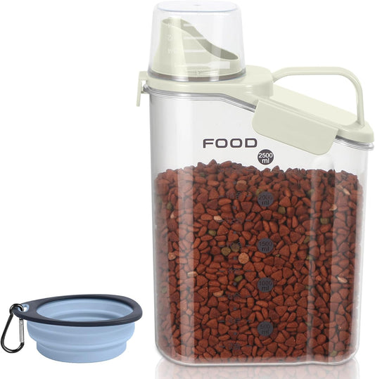 3-5 LBS Cat Dog Food Storage Container Upgraded Large Nozzle BPA-free, Plastic Pet Food Storage Containers With 4 Sealed Clasps, 1 Measuring Cup and With Folding Bowl (Beige 1Pack)