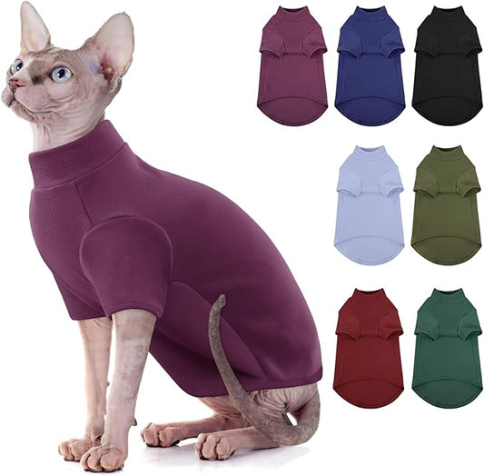 SUNFURA Turtleneck Sweater for Cat, Sphynx Cats Shirt Hairless Cat Sweaters with Sleeves, Warm and Soft Kitten Pullover Fleece Winter Pajamas Jumpsuit for Puppy Cats, Purple S