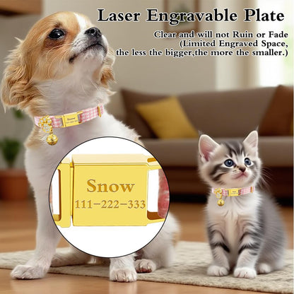 Personalized Breakaway Cat Collars - Magnetic Buckle, Bell - Safety Quick Release, Customized for Girls & Boys Cats- (Houndstooth-Pink)