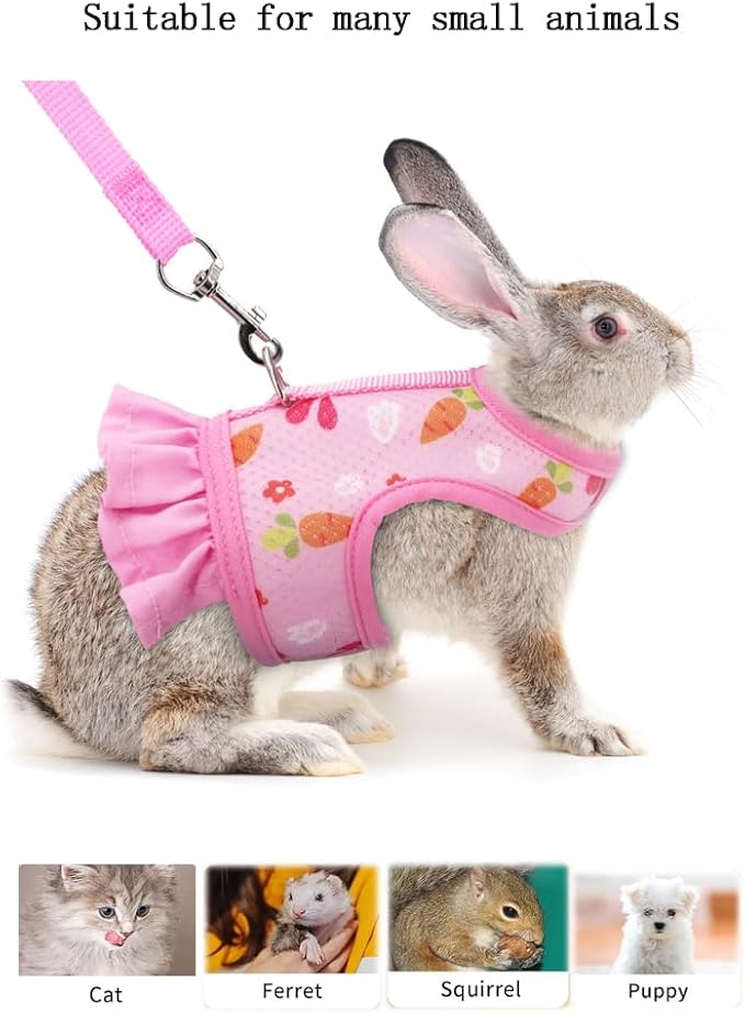 Bunny Harness and Leash,Proof Walking Escape Cute Floral Mesh Vest Breathable Rabbit Clothes for Bunnies, Hiking, Training for Ferret Kitten Puppy Small Pet Harness Pink M