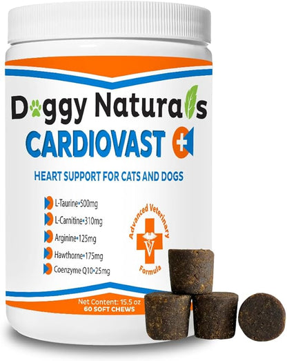 CardioVast Cardio Support and Cardio Strength Supplement for Dog and Cats, L-Taurine, L-Carnitine, Hawthorn, L Arginine, Coenzyme Q10-Supports Cardiovascular Heart Health - Made in USA - 60 Soft Chew