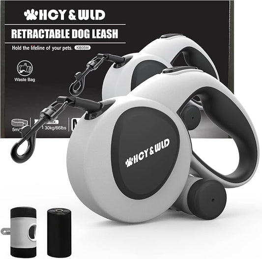 HCY&WLD Upgrade 3-in-1 Retractable Dog Leash with Integrated Dispenser & Poop Bags, 16 ft Heavy Duty Dog Leash with Anti-Slip Handle for Dogs up to 66 lbs, 360° Tangle-Free, One Button Brake & Lock
