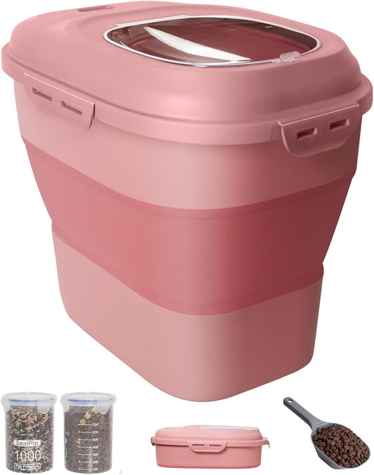 30-35 Lbs Dog Food Storage Container Collapsible Dog Food Container with Airtight Lids, Wheels, Scoop and 2pcs Food Storage Containers, Large Pet food storage for Dog, Cat (Pink)