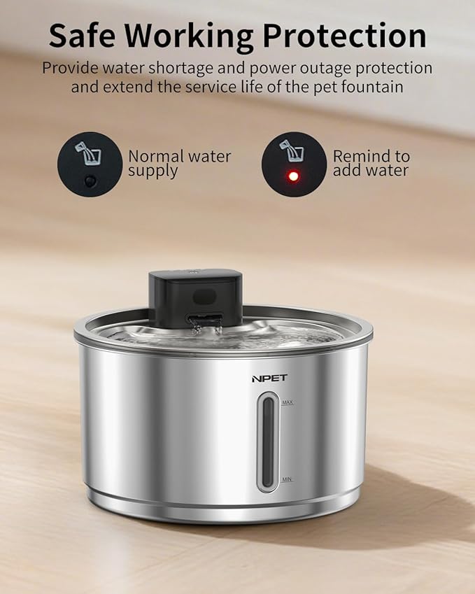 NPET Stainless Steel Wireless Cat Fountain, 1Gallon/135oz Battery Operated Automatic Pet Drinking Fountain - Cordless Dog Water Dispenser with Water Level Window for Cats Indoor