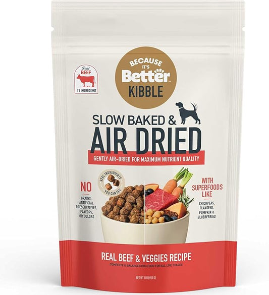Because it's Better Slow Baked and Air Dried Dog Food, Real Beef and Veggies, 1lb Bag, Complete and Balanced Dry Dog Food, for All Life Stages