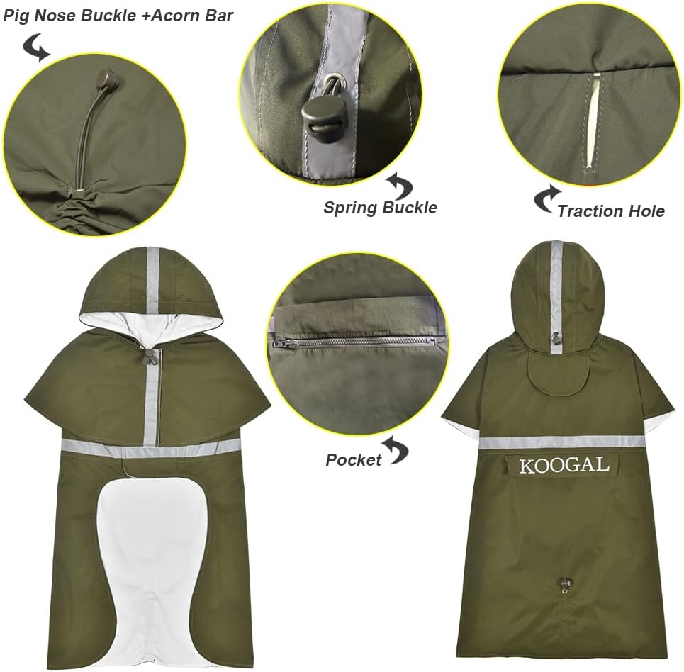 Green Waterproof Raincoat, 2XL for Small Dogs, Adjustable, Windproof, Reflective Strips