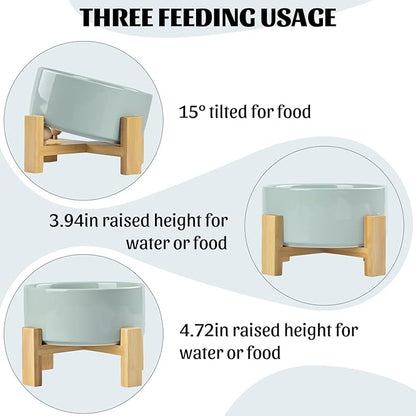 SPUNKYJUNKY 15° Slanted Ceramic Dog and Cat Bowl with Wooden Stand, Tilted Bulldog Food and Water Bowl No Slip Non-Spill for Cats Medium Dogs Big Face Pets 28.7 OZ (3.6 Cups, Morandi Green)
