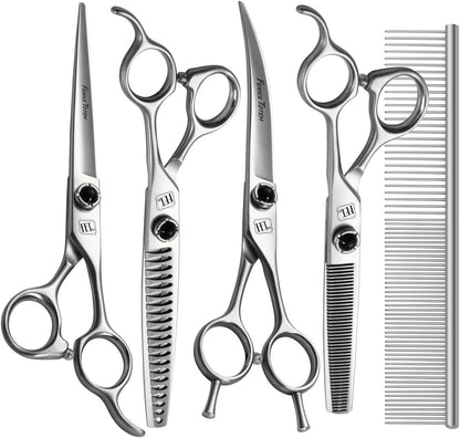 Dog Grooming Scissors: 5 in 1 Pet Shears Kit Made Of Japanese 9CR Advanced Stainless Steel Professional Grooming Scissors for Dogs Cats and Other Pets