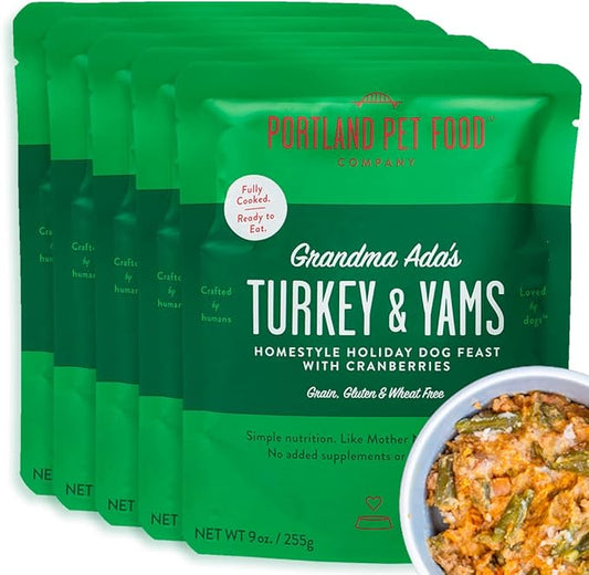 Portland Pet Food Company Grandma Ada's Turkey & Yams Fresh Dog Food Pouches - Human-Grade, Grain-Free Wet Meal Topper Mixer & Meals - Small & Large Breed Puppy & Senior Dogs - USA Made - 5 Pack