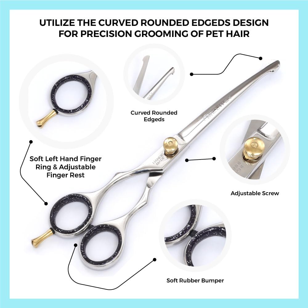Left-Handed Pet dog Grooming Scissors Set Pro-Grade Curved Shears for Dogs Cats - Precision Crafted Sharp Blades Comfort Grip - Ideal for Cutting Curving Thinning (LH Round Tip Kit)