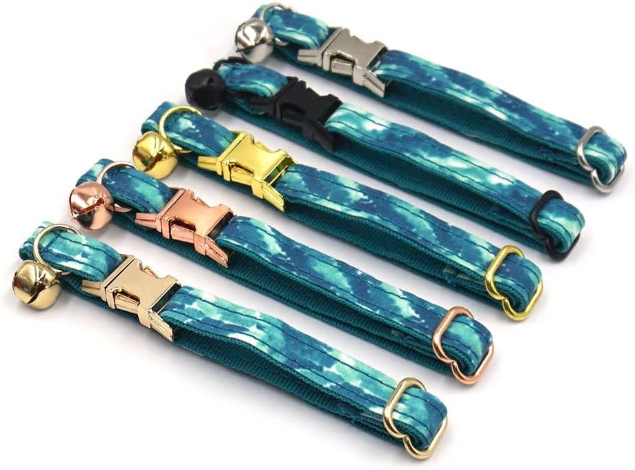 Personalized Cat Collar with Bells,Velvet Customized Small Cat Collar with Name Tag,Pet Collar with Name Phone Number Engraved ID Tags for Boy and Girl Kitten Cats (Green Water Wave)