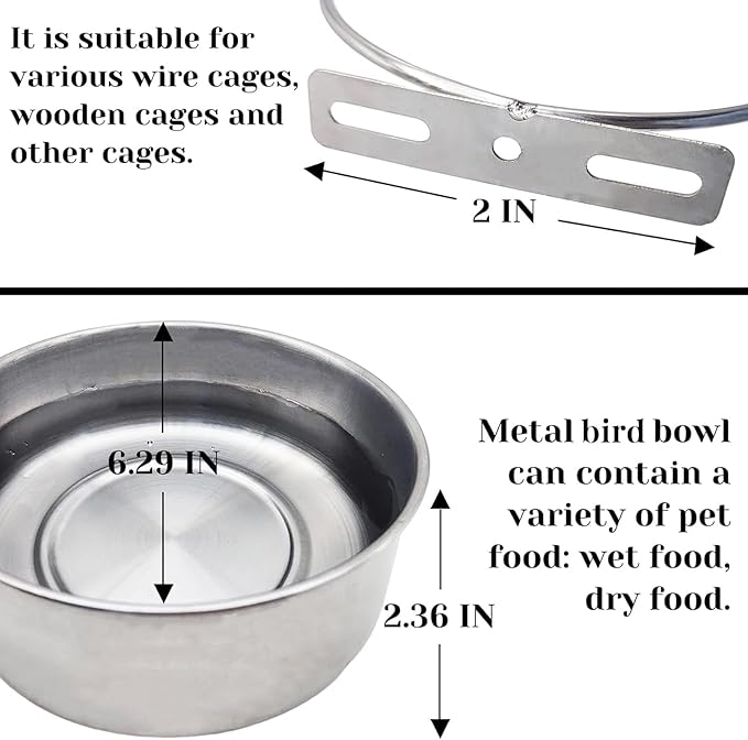 PINVNBY 2pcs Stainless Steel Bird Bowl Water Dish for Parrot, Parakeet, African Greys, Conure, Cockatiels, Lovebird, Budgie, Chinchilla（Three Screws Size: XL）