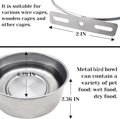 PINVNBY 2pcs Stainless Steel Bird Bowl Water Dish for Parrot, Parakeet, African Greys, Conure, Cockatiels, Lovebird, Budgie, Chinchilla（Three Screws Size: XL）