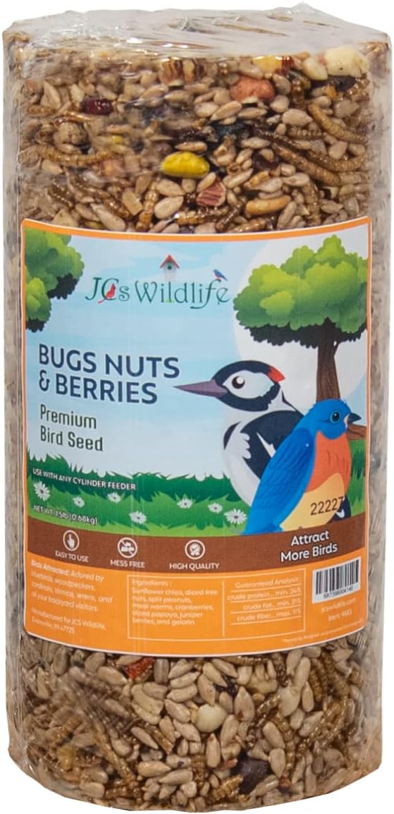 JCs Wildlife Bugs, Nuts and Berries Premium Bird Seed Small Cylinder, 1.5 lb (4 Cylinder)