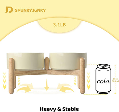 SPUNKYJUNKY Ceramics Raised Dog Bowl with Wooden Stand - Double 28.7OZ Cream White Bowls for Small Medium Dogs