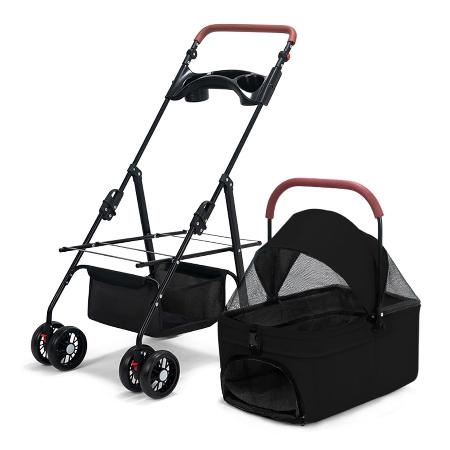 Pet Stroller Pram Dog Carrier Trailer 4 Wheels Foldable Dog with Storage Basket,Holds up to 44 lbs,Adjustable Handle,Folding Travel Stroller Suitable for Traveling with Cats and Dogs (Black)