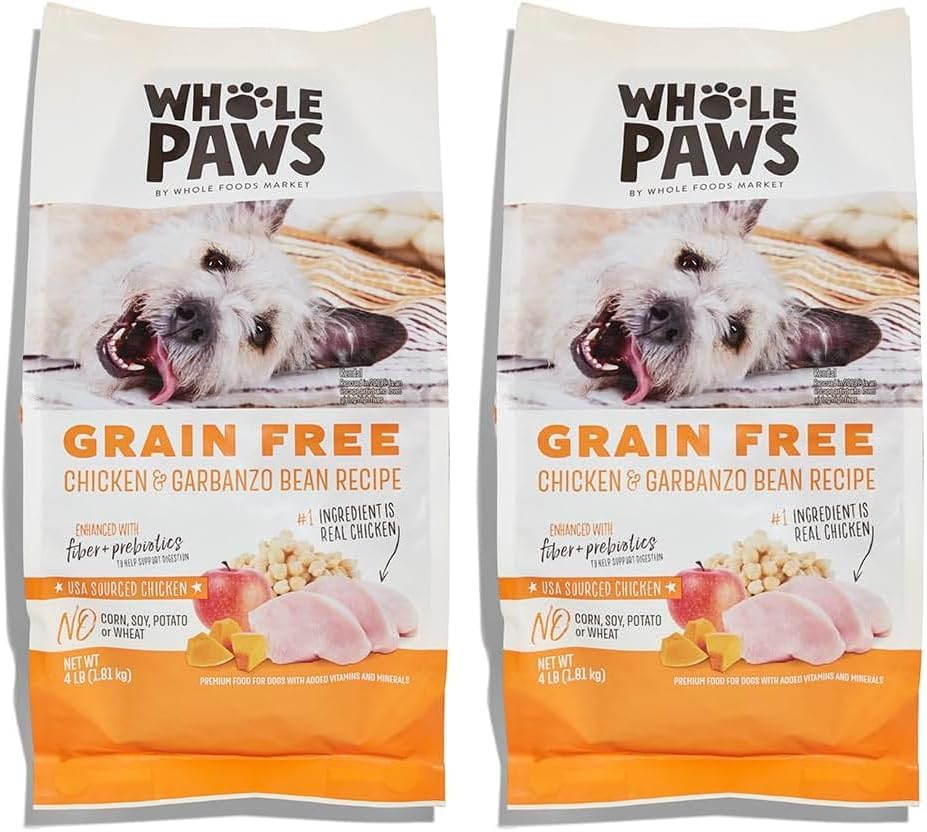 Whole Paws, Grain-Free Dry Dog Food, Chicken & Garbanzo Bean Recipe, Enhanced with Fiber & Prebiotics, 4 lb (Pack of 2)