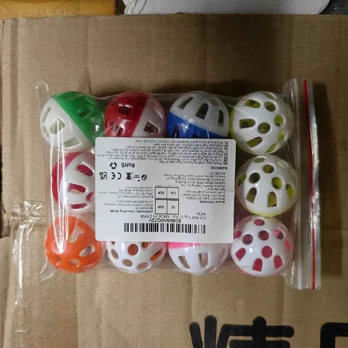 12PCS 4CM Cat Toy Ball with Bell, Pet Ball Kitten Toy with Bell Cat Jingle Balls for Cats Kitten, Plastic Jingle Balls Pounce Chase Rattle Toys, Random Color