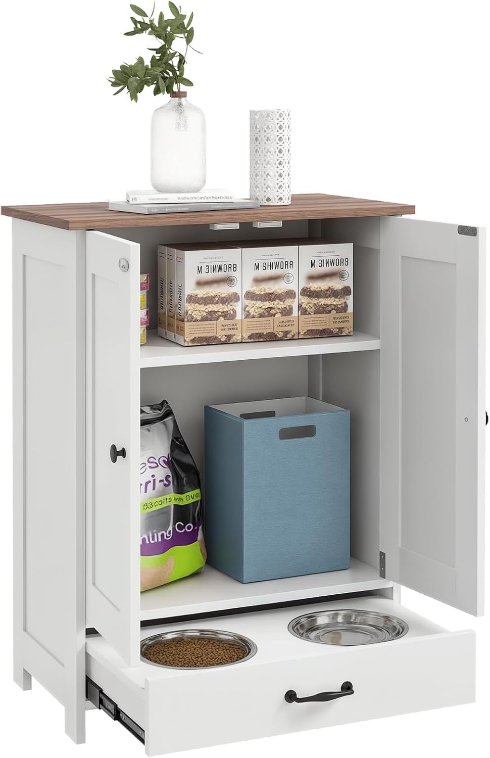 PawHut Pet Feeding Station, Elevated Dog Bowls, Dog Food Storage Cabinet with Hidden Bowls, Adjustable Panel, Hooks for Medium Sized Breed, White