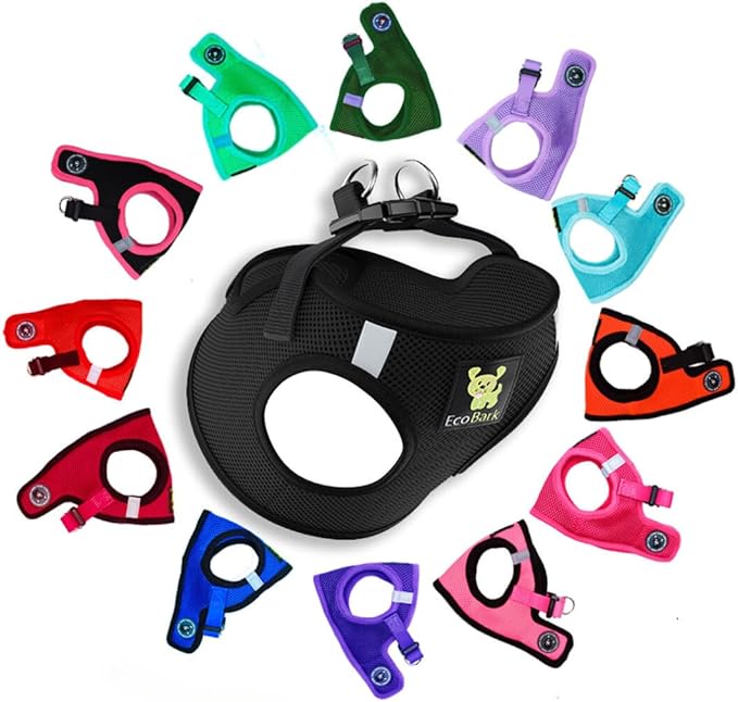 EcoBark Step in Dog Harness - Eco-Friendly Teacup Dog Harnesses for XXS, XS, and Small Dogs - Reflective and Adjustable Mini Body Halter Vest -Tiny Soft Mesh Toy Breed Harness Under 5 lbs (Black, XXS)