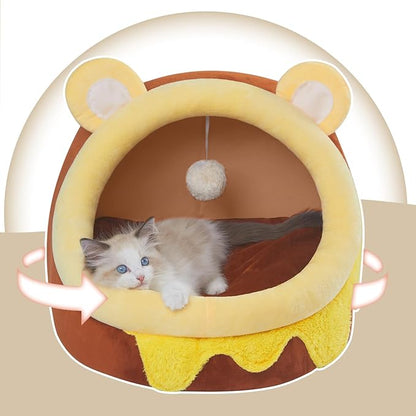 Jiupety Cute Cat Bed for Indoor, Cats Warm Soft Cave Fit for Many Cats and Puppy, Honeypot, L