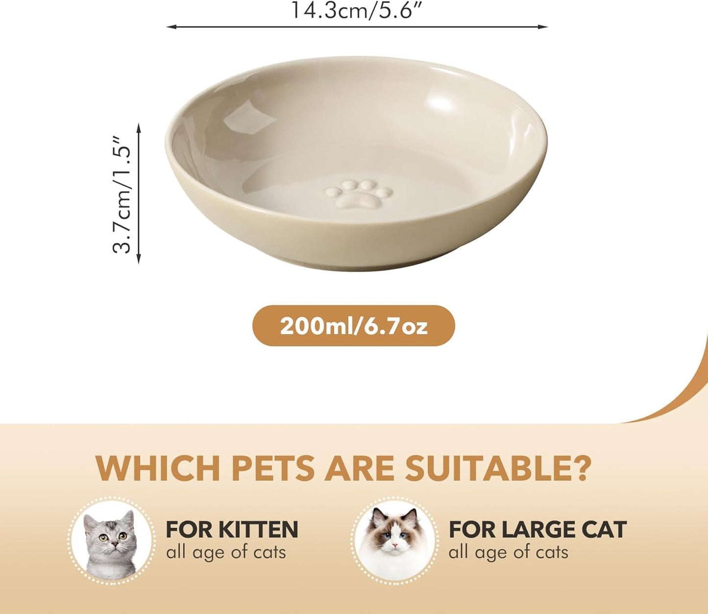 5.7'' Ceramic Wide Whisker Friendly Cat Dishes, Set of 3 Ceramic Cat Bowls, Indoor Kitten Feeding Food& Water Dish to Prevent Whisker Fatigue(3 Pcs)