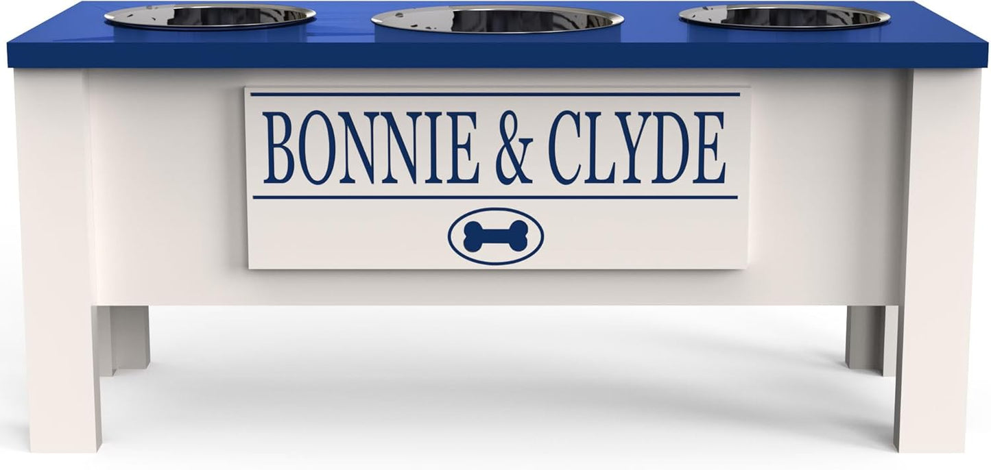 GrooveThis Woodshop - Personalized Elevated Triple Dog Bowl Stand for Large, Medium, Small, X-Small Dogs - 3 Stainless Steel Food and Water Bowls - Raised Dog Dish with Internal Storage (Large, Blue)