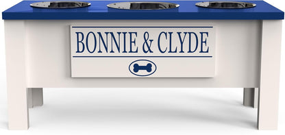 GrooveThis Woodshop - Personalized Elevated Triple Dog Bowl Stand for Large, Medium, Small, X-Small Dogs - 3 Stainless Steel Food and Water Bowls - Raised Dog Dish with Internal Storage (Large, Blue)