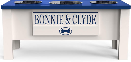 GrooveThis Woodshop - Personalized Elevated Triple Dog Bowl Stand for Large, Medium, Small, X-Small Dogs - 3 Stainless Steel Food and Water Bowls - Raised Dog Dish with Internal Storage (Large, Blue)