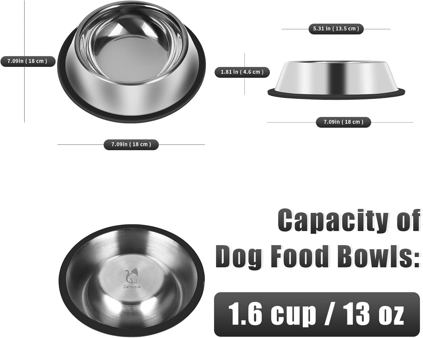 3Pcs Stainless Steel Dog Bowls Set - Non-Slip Food and Water Bowl 13 Oz - Dishwasher-Safe, Rust Resistant Metal Pet Bowls for Small/Medium/Large Sized Pets