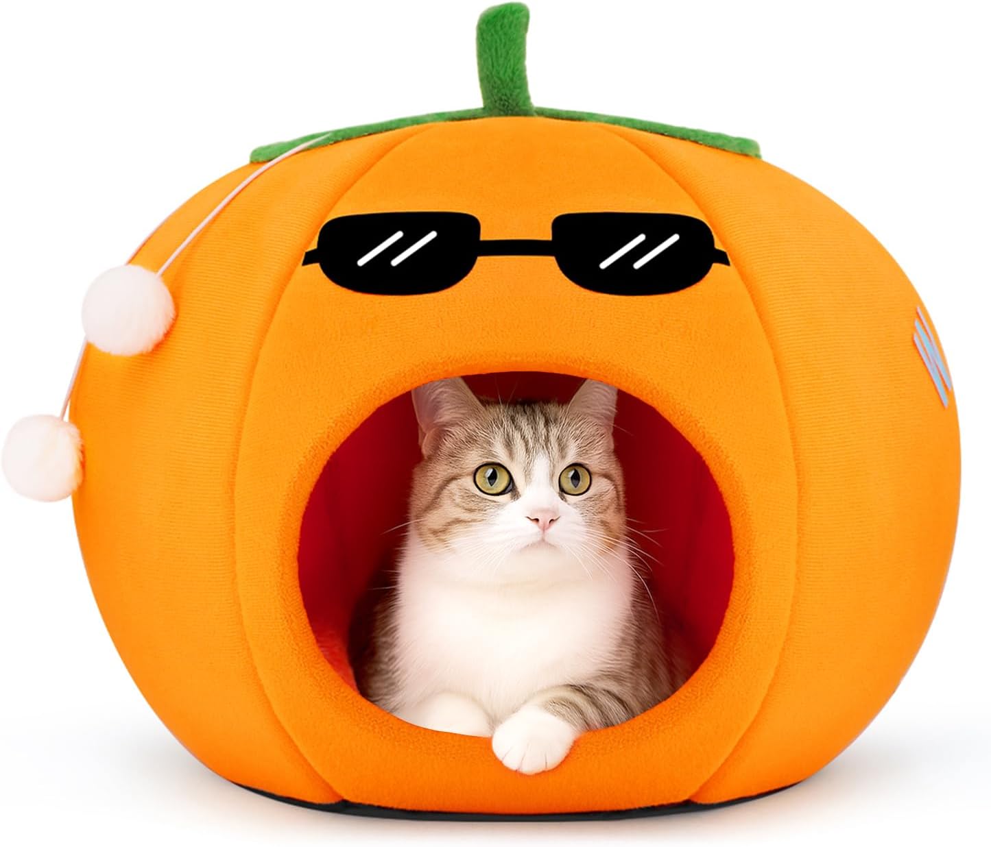 Cute Cat Beds for Indoor Cats, Small Dog Beds, Soft Washable Pet Beds for Kitten and Puppy, Funny Orange Cat Cave, 19 Inches